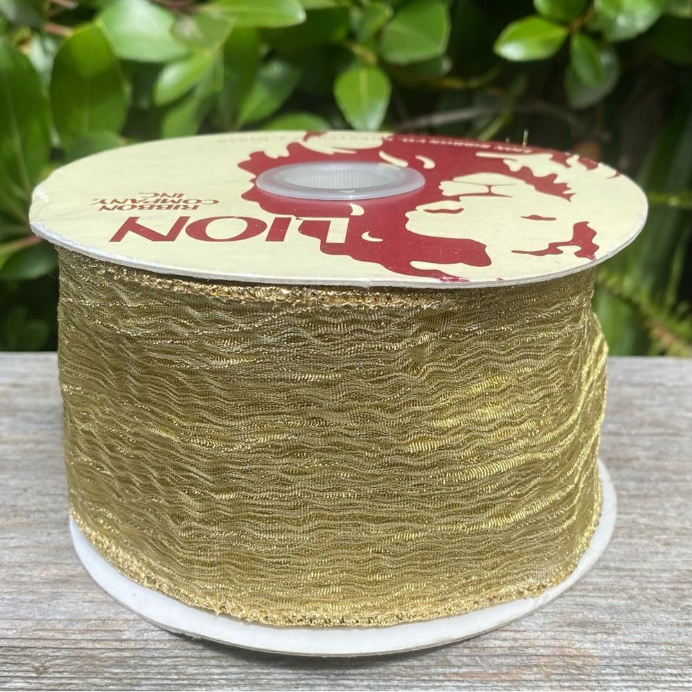 Lion Ribbon Gold Wire Ribbon One (1) Roll 2.5" x 5 Yards Holidays Xmas Decor